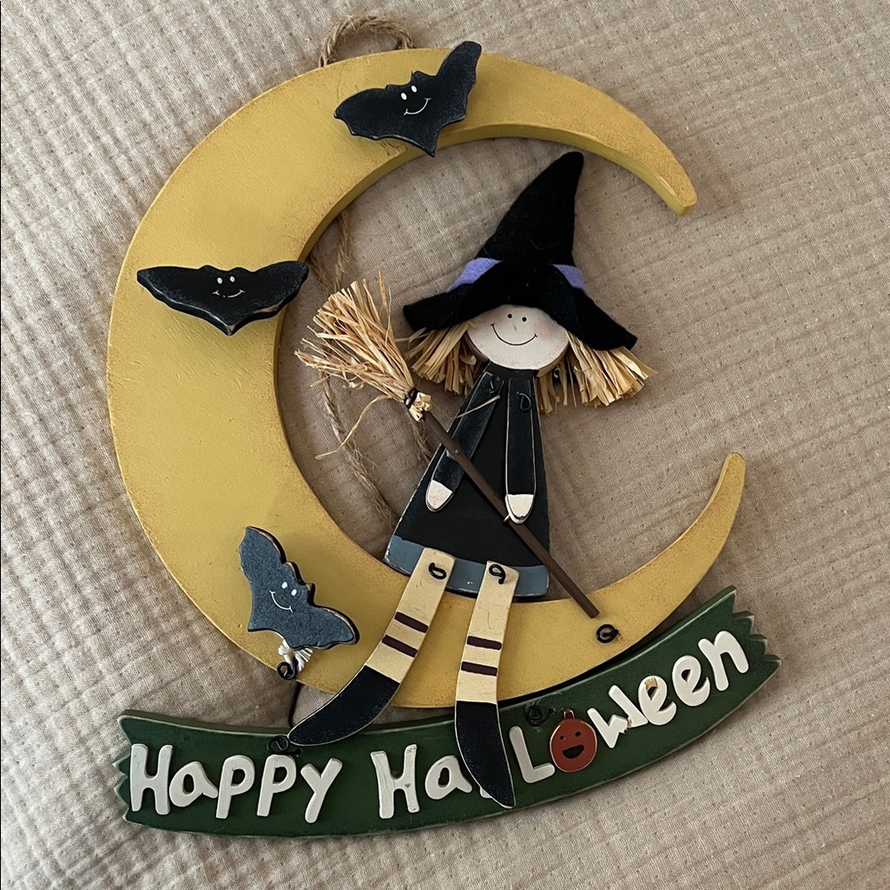 Vintage 90s Halloween Witch Wall Decor with Yellow Moon